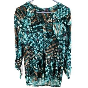 Cocomo Women Blouse Abstract Print Roll Tab Sleeve Teal Brown Top M